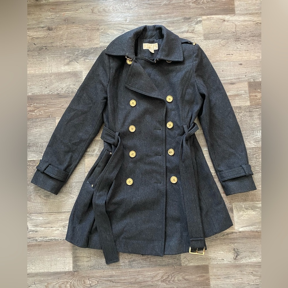 Michael Kors Women Long Double-Breasted Peacoat Sz 10 Small Charcoal Gray
